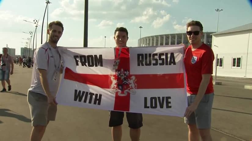 Russian fans backing England in the World Cup Semi final