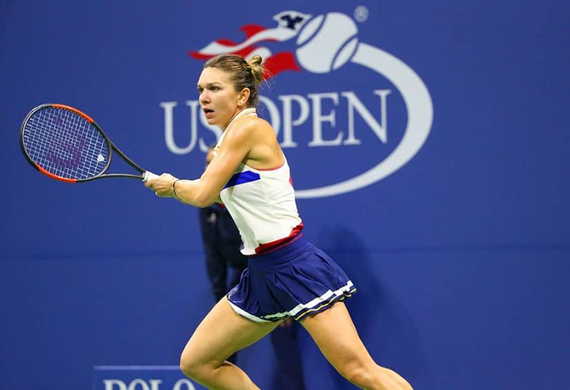 Simona Halep in white and blue dress US Open 2018