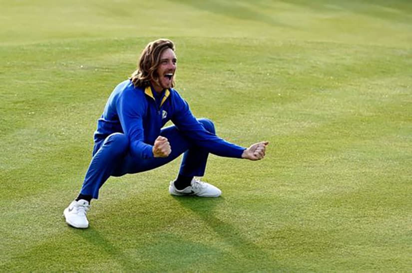 Tommy Fleetwood celebrates after Europe won Ryder Cup at Le Golf National