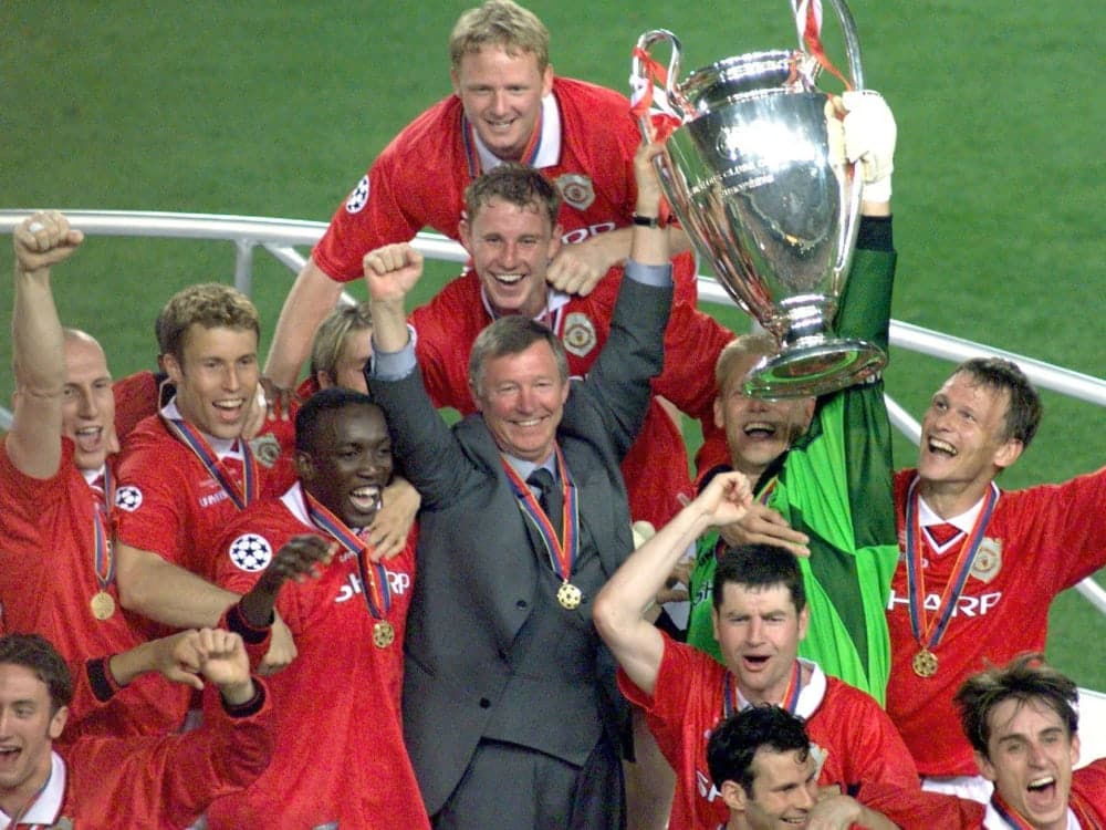 Sir Alex Ferguson with the handle pot after the memorable victory in the 1999 Champions League final against Bayern Munich.