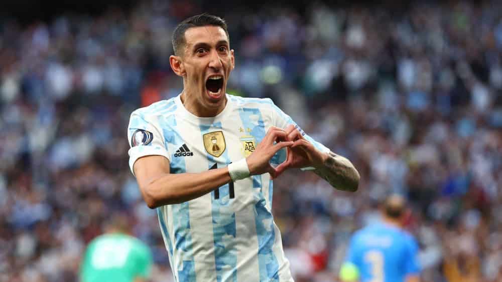 Di Maria celebrates his 2-0 with his mouth wide open.